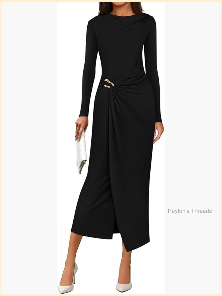 Elegant Long Sleeve Bodycon Ruched Midi Dress For Wedding Guest Cocktail